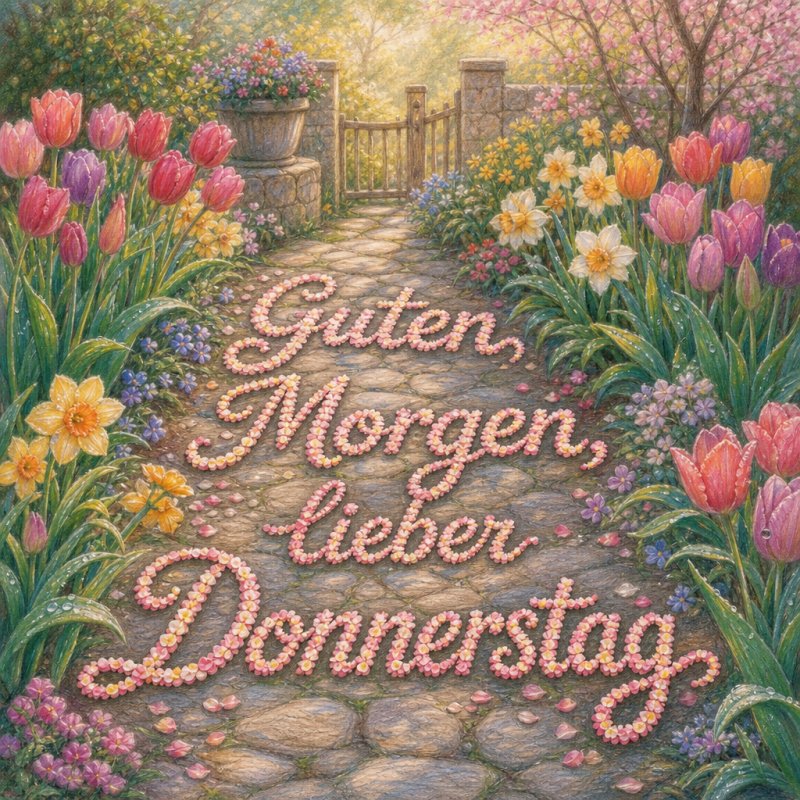 Guten-Morgen-Gruß als zartes Pastellbild: ein blühender Garten am Morgen mit leuchtenden Blumen und Blattdekor, das durch Lichtstrahlen schimmert.