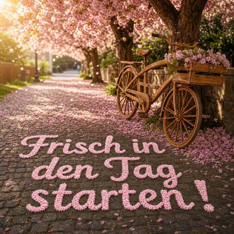 Frisch in den Tag starten! Ein Guten-Morgen-Gruß in einem weichen still-life Foto: Ein altes Fahrrad lehnt an einem Kirschbaum, unter dem Blütenblätter auf Kopfsteinpflaster liegen.