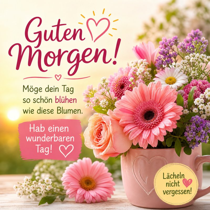 Ein Blumenstrauß aus rosa Gerbera und verschiedenen Blüten in einem rosa Becher vor einem sonnigen Hintergrund mit 'Guten Morgen'-Gruß.