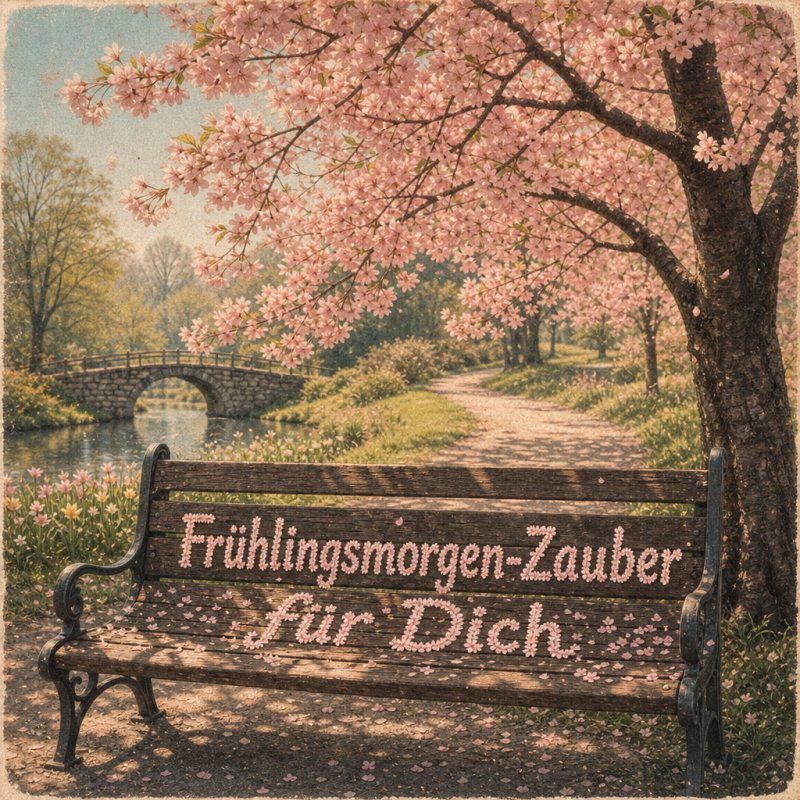 Guten-Morgen-Gruß als vintage Postkartenmotiv: Blüten vom Kirschbaum umhüllen eine Bank im Park im weichen Licht des Frühlingsmorgens.