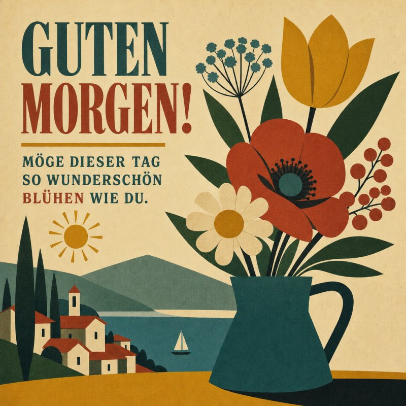 Ein stilisierter Blumenstrauß in einer Vase steht vor einem See mit segelndem Boot und sonnigen Bergen, begleitet von einem "Guten Morgen"-Gruß.