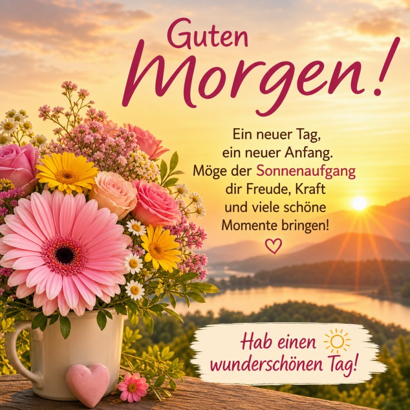 Ein Morgenstrauß aus rosa Gerbera und gelben Gänseblümchen vor einem Sonnenaufgang über einem ruhigen See illustriert einen frohen Guten-Morgen-Gruß.