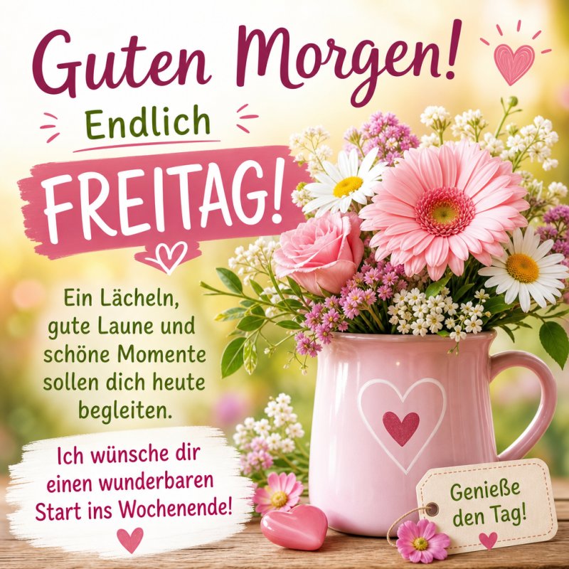 Ein liebevoller Guten-Morgen-Gruß zeigt einen rosa Krug mit Blüten und Herzmotiv auf einem Tisch, umgeben von kleinen Herzen und einem blumigen Hintergrund.