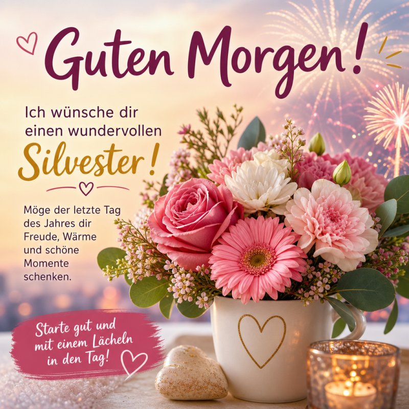 Ein schöner Guten-Morgen-Gruß mit einem Blumenstrauß in einer Tasse und Feuerwerk im Hintergrund, ideal für einen festlichen Silvestermorgen.