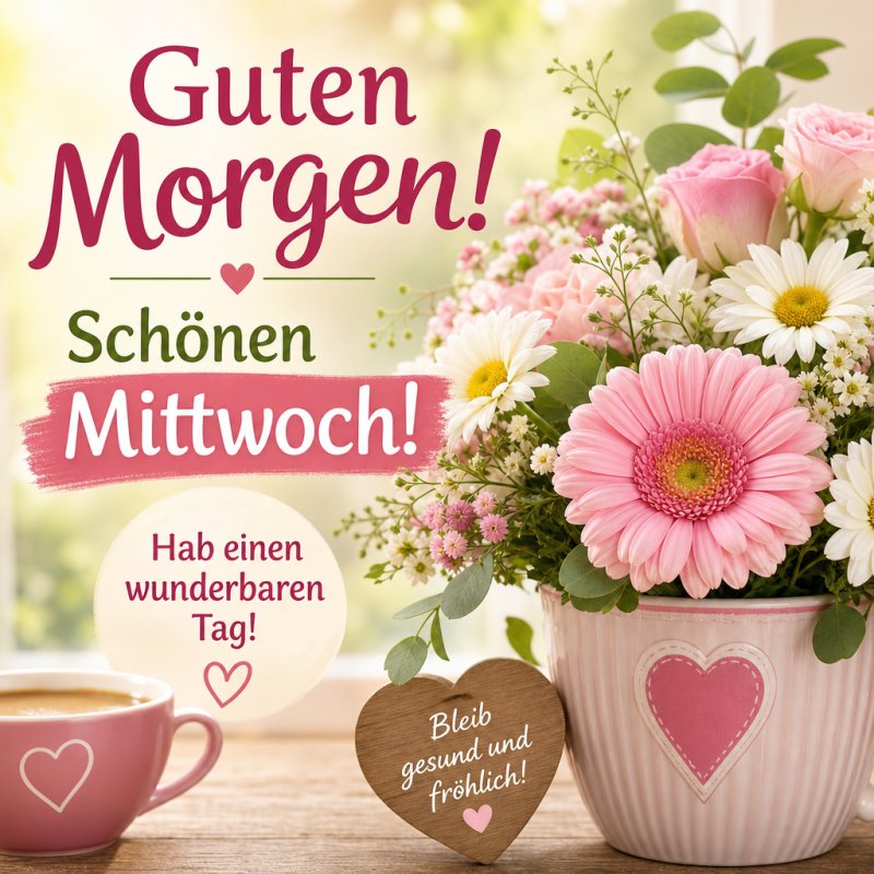 Ein gemütliches Arrangement aus rosa Blumen und einer Tasse, verziert mit Herzen, vermittelt einen freundlichen Guten-Morgen-Gruß für Mittwoch.