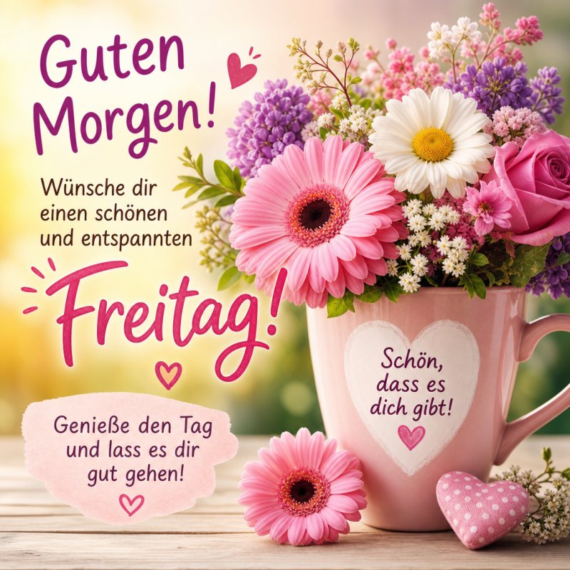 Ein bunter Blumenstrauß mit Rosen und Gänseblümchen in einer rosa Tasse, dekoriert mit Herzen, als fröhlicher Guten-Morgen-Gruß für Freitag.