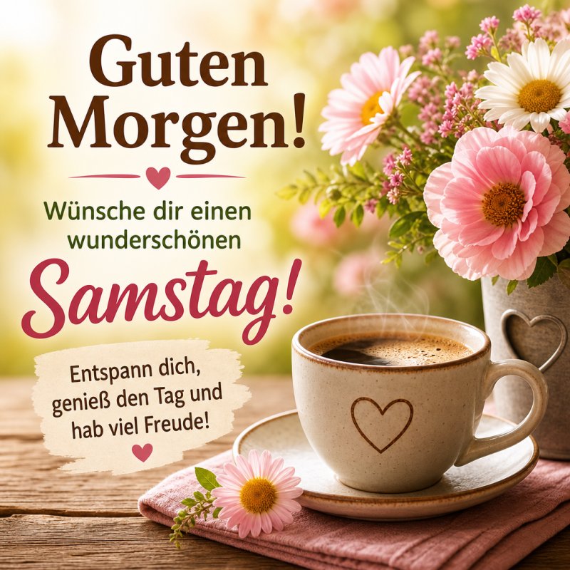 Ein herzhafter Guten-Morgen-Gruß mit einer dampfenden Tasse Kaffee im Vordergrund, umgeben von rosa und weißen Blumen in einem gemütlichen Setting.