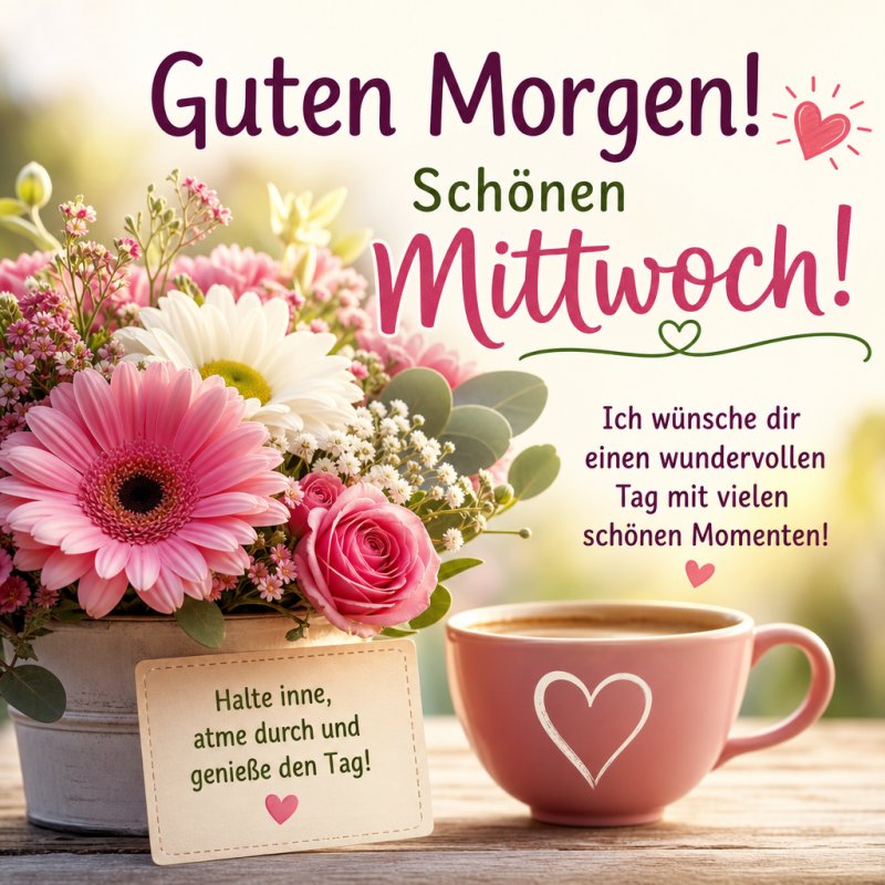 Ein Guten-Morgen-Gruß mit einer rosa Kaffeetasse und einem Blumenarrangement auf einem Holztisch für einen schönen Mittwoch.