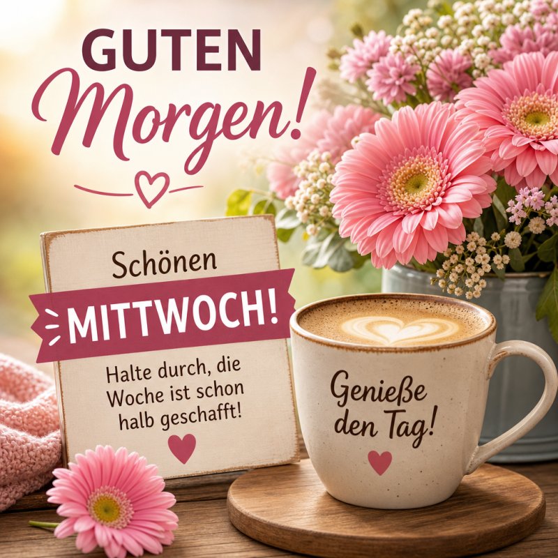 Ein Guten-Morgen-Gruß mit rosa Blumen, Kaffee und einer Karte mit der Aufschrift 'Schönen Mittwoch'. Genießen Sie den Tag!