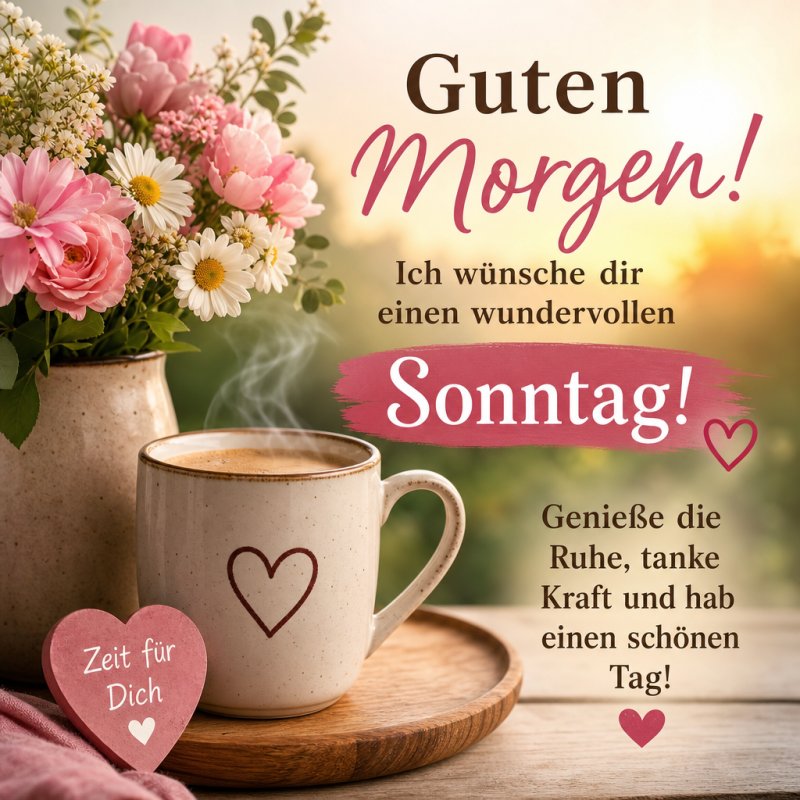 Ein Guten-Morgen-Gruß zeigt eine Tasse Kaffee mit Herzmotiv neben einem Blumenstrauß in sanftem Morgenlicht für einen entspannten Sonntag.