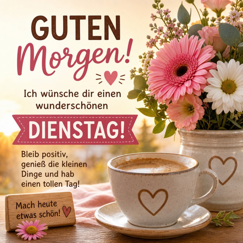 Ein herzlicher Guten-Morgen-Gruß mit einer Tasse Kaffee und einem Strauß rosa Blumen, die einen schönen Dienstag wünschen, vor einem sanften Sonnenaufgang.