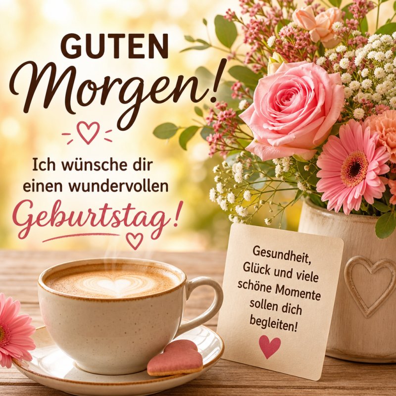 Ein Guten-Morgen-Gruß mit einer Tasse Kaffee, rosa Herz-Keks und Blumenarrangement in Pastelltönen für einen Geburtstag auf einem Holztisch.
