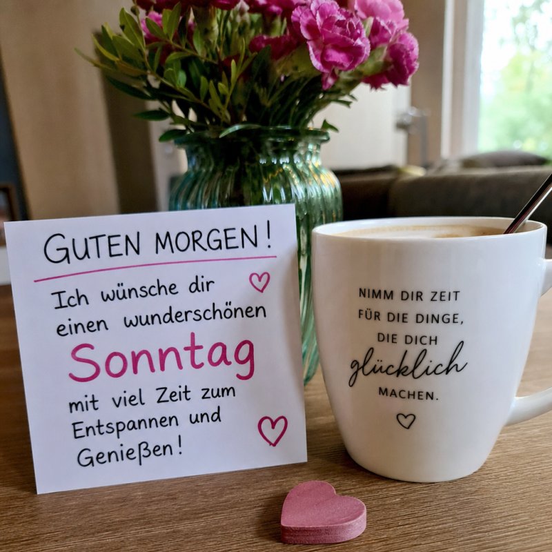 Ein Guten-Morgen-Gruß auf einer Karte mit Blumen, einem Kaffee in einer beschrifteten Tasse und einem rosa Herz aus Holz, die auf einem Tisch arrangiert sind.