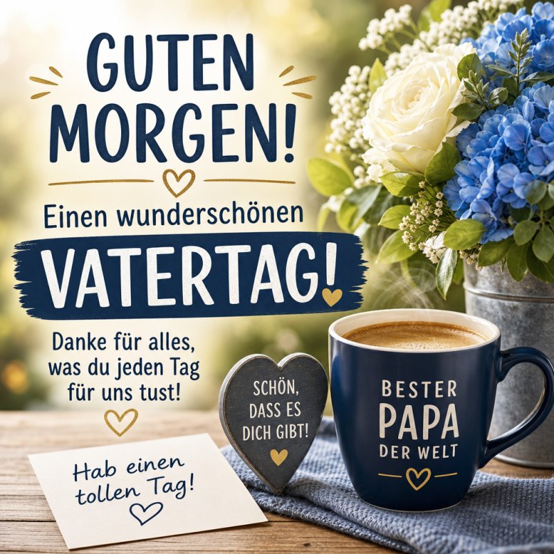 Ein Guten-Morgen-Gruß mit einer Tasse Kaffee, Herzbotschaft, weißen und blauen Blumen, sowie einer Karte zum Vatertag ist sichtbar.
