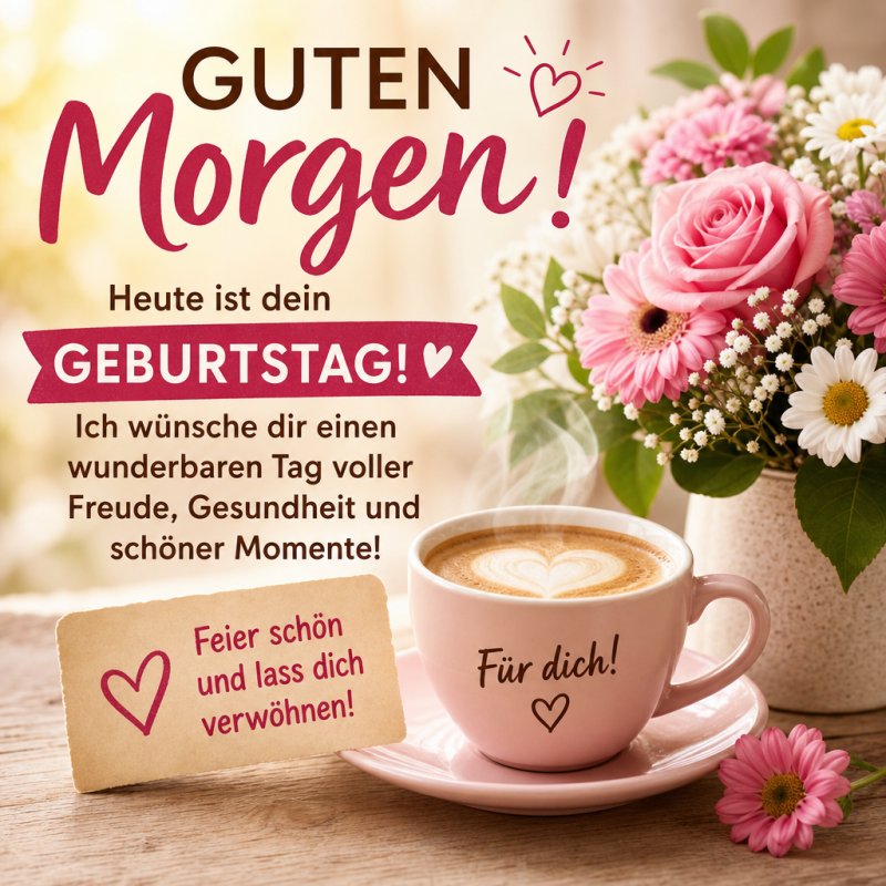 Ein liebevoll arrangiertes Bild mit einem Blumenstrauß und einer Tasse Kaffee, die mit 'Für dich!' verziert ist, als Guten-Morgen-Gruß zum Geburtstag.