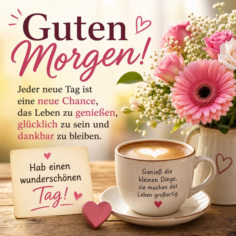 Ein Herz auf einem Cappuccino neben rosa Blumen erzeugt eine warme Atmosphäre als Teil eines liebevollen Guten-Morgen-Grußes.