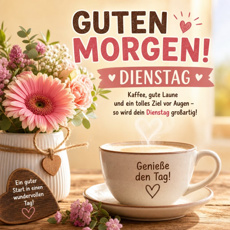 Ein Guten-Morgen-Gruß zeigt eine gemütliche Szene mit einer dampfenden Kaffeetasse, dekorativen Blumen in Vase und Holzherz für einen inspirierenden Dienstag.