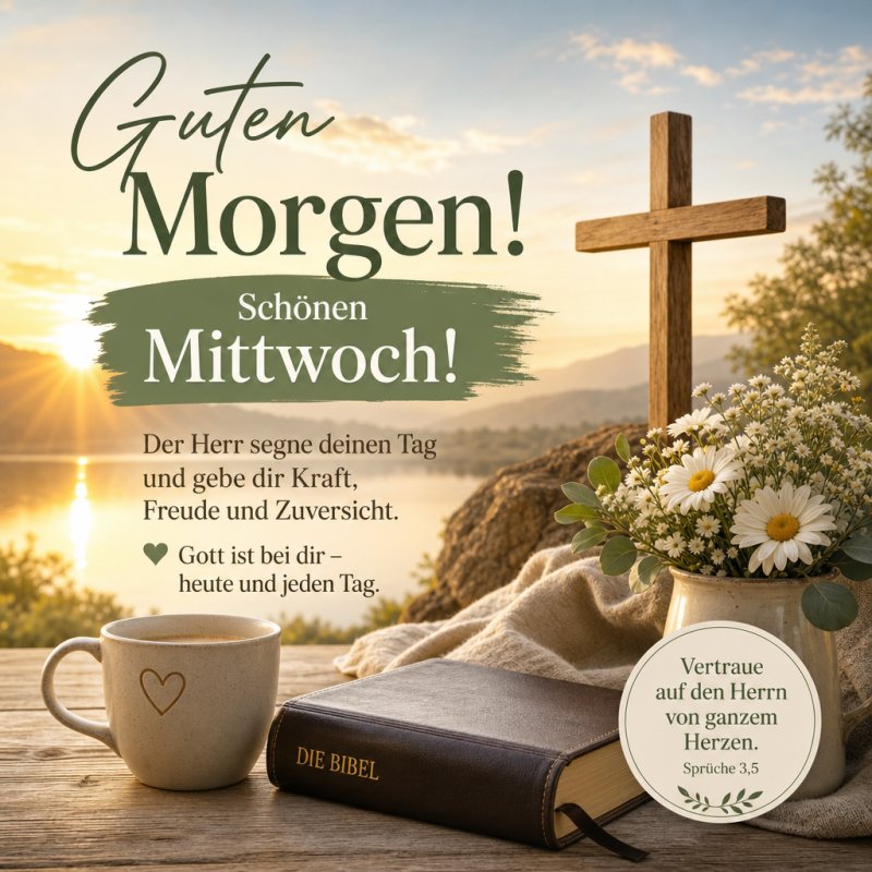 Ein "Guten Morgen"-Gruß zeigt ein sonniges Setting mit Kreuz, Bibel, Blumen und Tasse, die Zuversicht und Ruhe für den Mittwoch vermittelt.