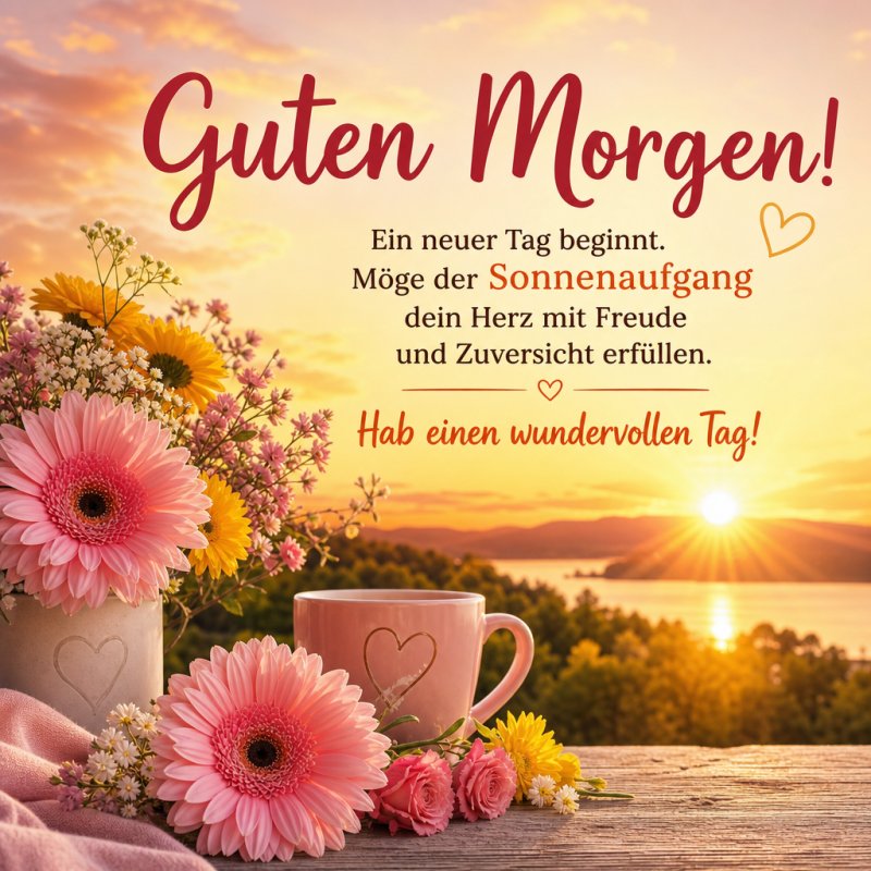 Ein Guten-Morgen-Gruß mit rosa Blumen und einer Tasse Kaffee auf einem Holztisch vor einem Sonnenaufgang über einem ruhigen See.