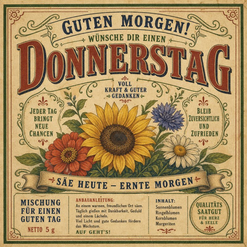 Ein nostalgisches Design mit Sonnenblumen und motivierenden Worten umrahmt eine "Guten Morgen Feier" für den Donnerstag.