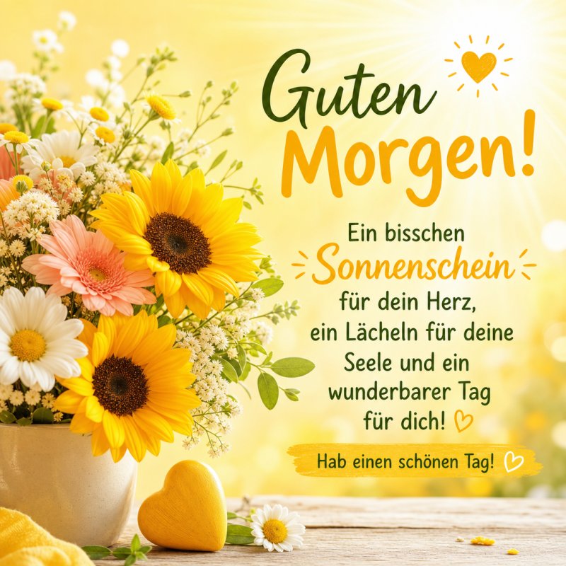 Ein Guten Morgen Gruß zeigt einen Strauß aus Sonnenblumen und Gänseblümchen, umgeben von gelben Herzen und mit sonnigem Hintergrund.