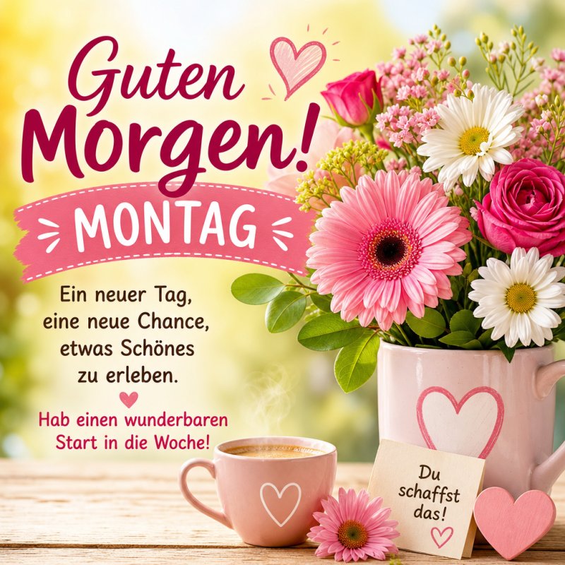 Ein freundlicher Guten-Morgen-Gruß mit pinken und weißen Blumen in Herzvase, einem Kaffee und motivierender Botschaft für einen gelungenen Wochenstart.