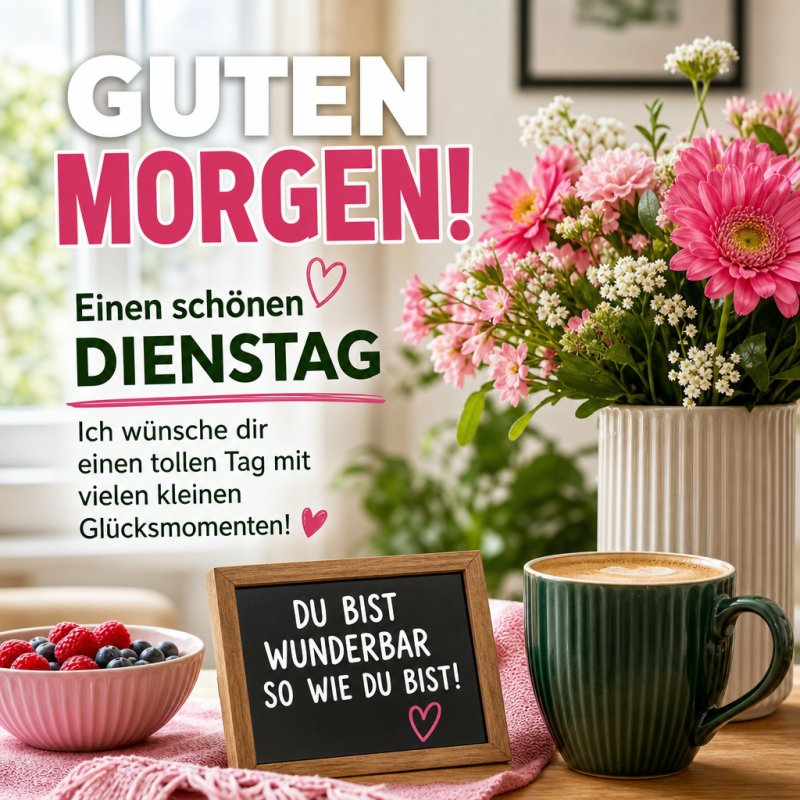 Ein herzlicher Guten-Morgen-Gruß zeigt einen Tisch mit Kaffee, Beeren, Blumen und Schiefertafel, der Spannung und Frische für einen schönen Dienstag vermittelt.
