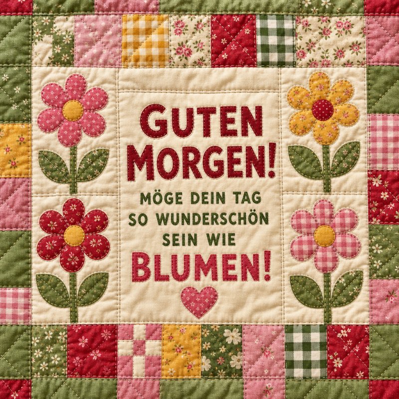 Ein farbenfroher Blumenquilt mit dem Text 'Guten Morgen' vermittelt einen freundlichen Guten-Morgen-Gruß in einem verspielten, floralen Design.