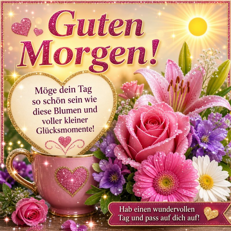 Ein strahlender Guten-Morgen-Gruß mit rosa Lilien, Rosen und einem funkelnden Kaffeebecher vor einem goldenen Sonnenaufgangshimmel.