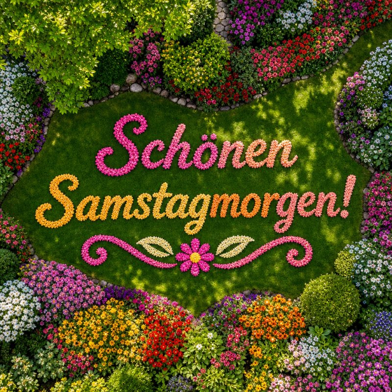 Luftaufnahme eines Gartens: bunte Blumen formen Muster im Sonnenlicht, während ein Blumen-Guten-Morgen-Gruß aus Blütenblättern auf Gras ausgelegt ist.