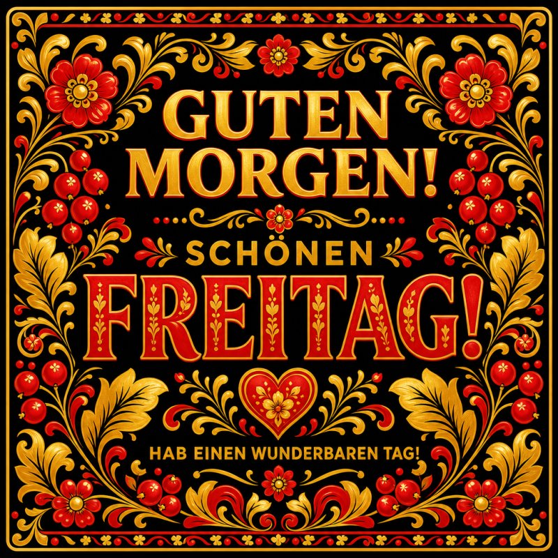 Ein dekorativer Guten-Morgen-Gruß mit roten und goldenen Blumenornamenten um den Schriftzug 'Schönen Freitag' auf schwarzem Hintergrund.