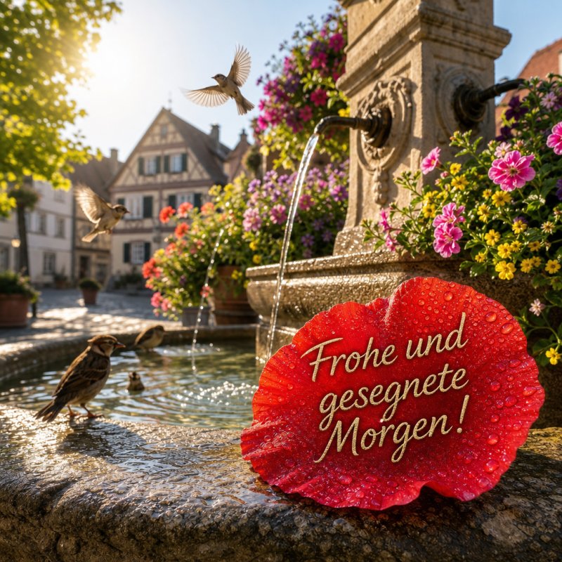 Dokumentarfoto mit einem Guten-Morgen-Gruß: Ein mit Blumen geschmückter Sandsteinbrunnen im Dorfplatz bei morgendlichem Licht mit fröhlich fliegenden Vögeln.