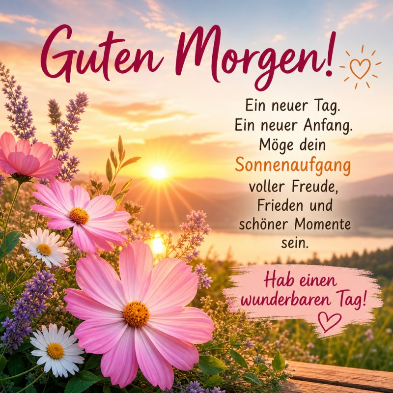 Bunte Blumen vor einem atemberaubenden Sonnenaufgang vermitteln einen fröhlichen Guten-Morgen-Gruß und laden zu einem wunderbaren Tag ein.