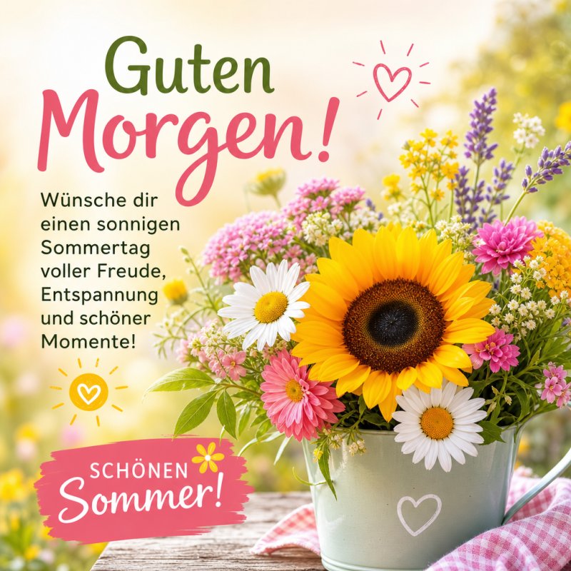 Ein Eimer voller bunter Sommerblumen, darunter Sonnenblumen und Gänseblümchen, mit einem "Guten Morgen" Gruß in hellen, fröhlichen Farben.