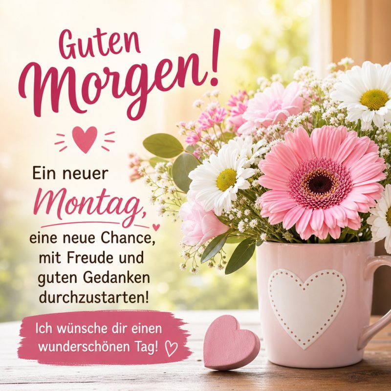 Ein Guten-Morgen-Gruß mit einem rosa Herzbecher voller weißer und rosa Blumen auf einem Holztisch, daneben ein herzförmiger Stein.