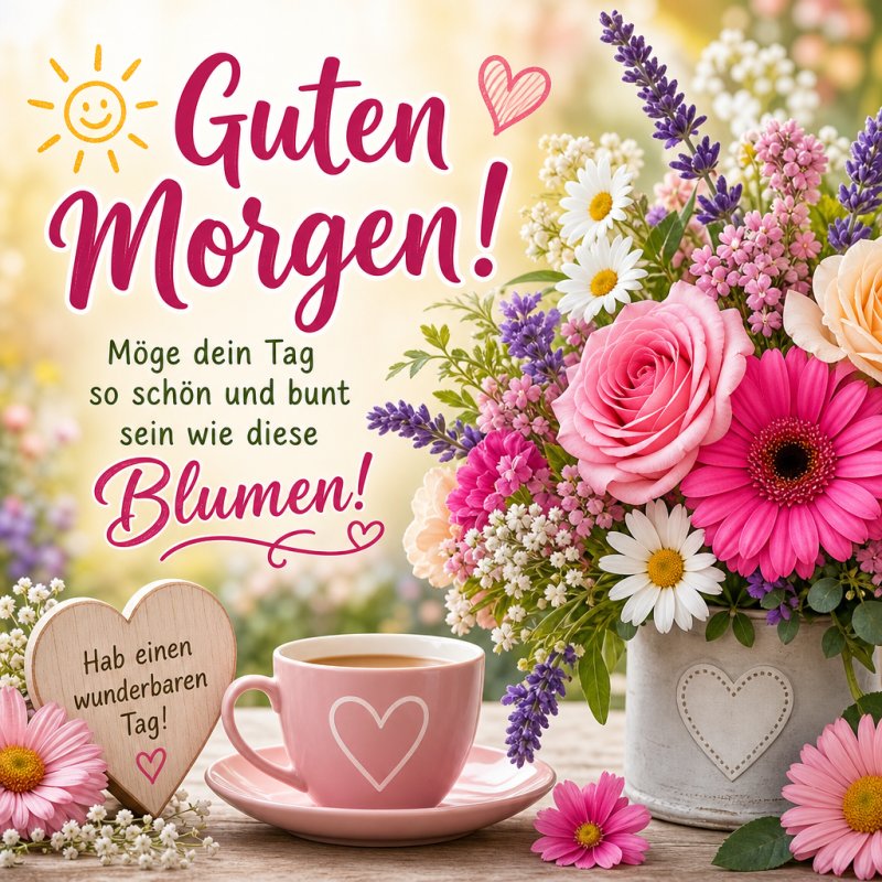 Ein farbenfrohes Blumenarrangement mit Rosen, Margeriten und Lavendel neben einer Tasse Kaffee illustriert einen fröhlichen Guten-Morgen-Gruß.