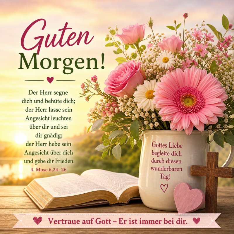 Ein farbenfroher Blumenstrauß neben einer Bibel erzeugt eine friedliche Stimmung, während ein Guten-Morgen-Gruß zur Gottesliebe inspiriert.