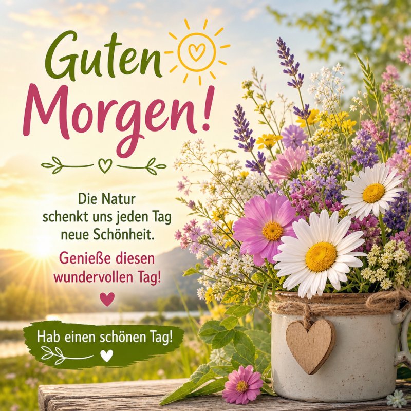 Ein farbenfroher Blumenstrauß in einem Gefäß mit Herzdekor steht auf einem Tisch am Seeufer und vermittelt einen fröhlichen Guten-Morgen-Gruß.