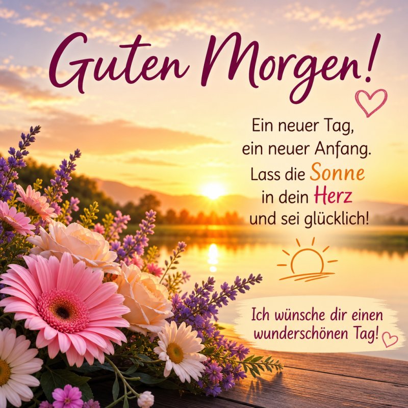 Ein bunter Strauß mit Gerbera und Lavendel liegt in der Morgensonne an einem Seeufer, begleitet von einem warmen Guten-Morgen-Gruß und herzlichen Wünschen.