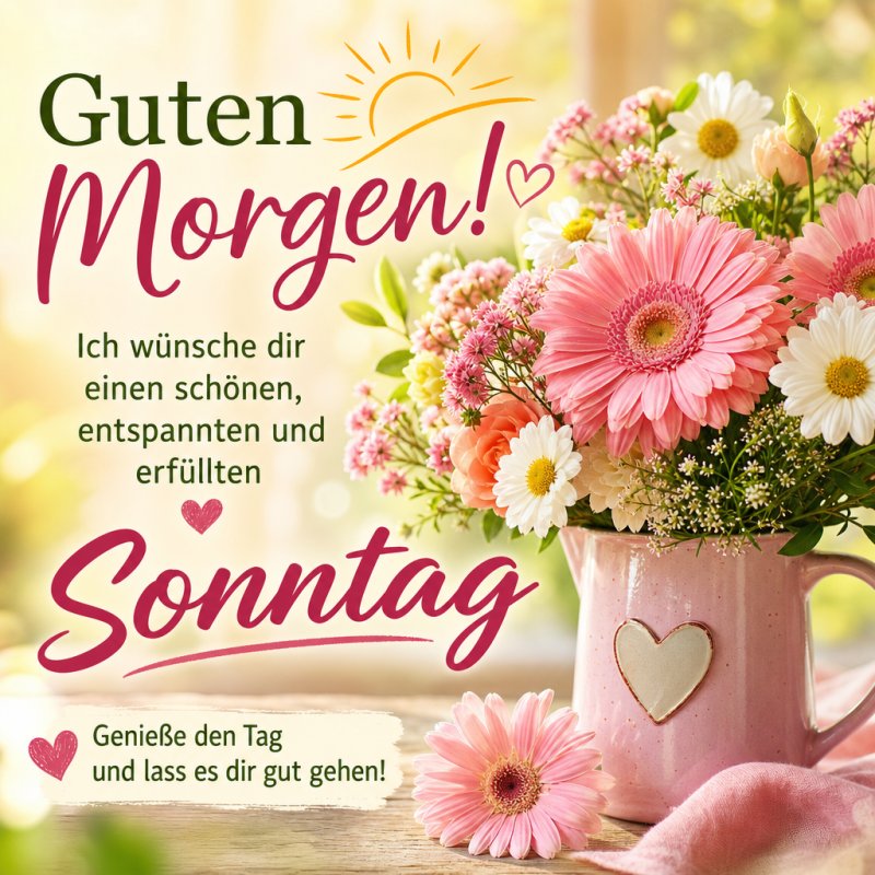 Ein liebevoll arrangierter Blumenstrauß mit rosa und weißen Blumen in einer Herzvase illustriert einen fröhlichen Guten-Morgen-Gruß zum Sonntag.
