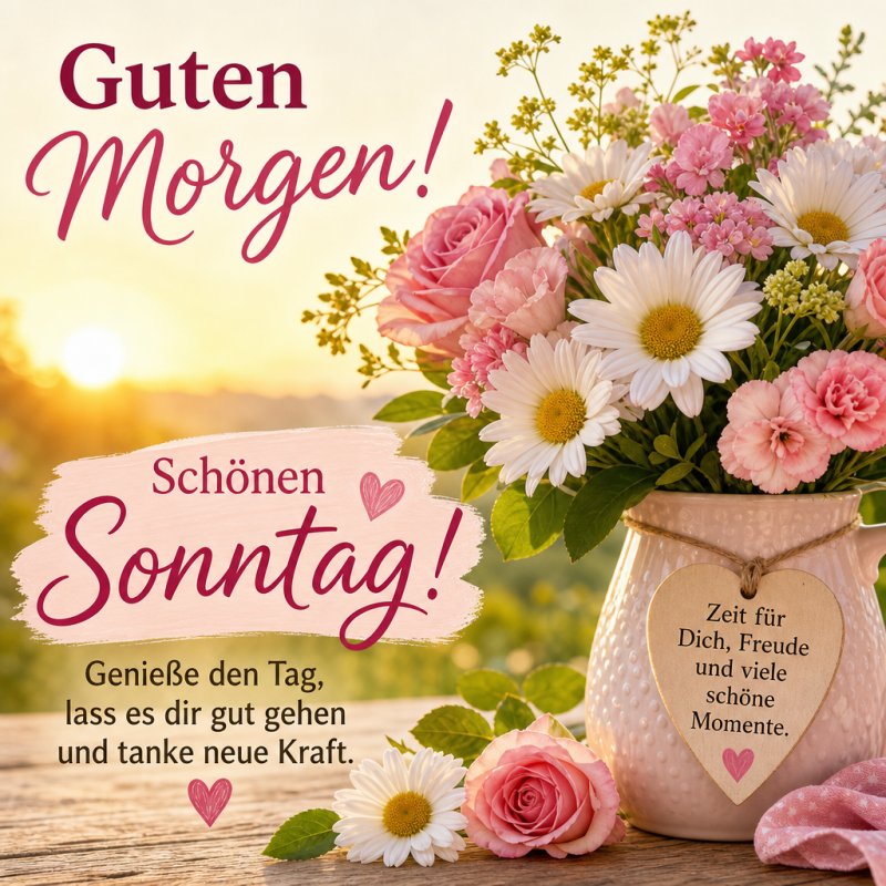 Ein bunter Blumenstrauß mit Rosen und Gänseblümchen steht in einer Vase mit Herzen und versprüht einen frischen Guten-Morgen-Gruß am Sonntag.