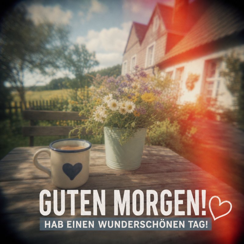 Ein rustikaler Gartentisch mit einem Blumenstrauß in einem Topf und einer Tasse Kaffee steht im Fokus dieser warmen Guten-Morgen-Gruß-Szene.