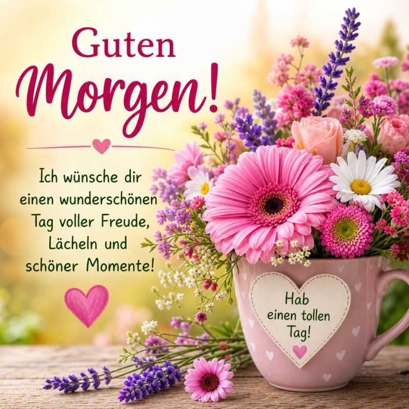 Ein bunter Blumenstrauß aus Gerbera, Rosen und Lavendel in einem herzförmigen Becher mit der Aufschrift 'Hab einen tollen Tag!' als Guten-Morgen-Gruß.