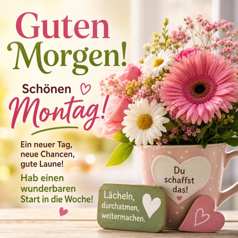 Ein bunter Blumenstrauß mit rosa und weißen Blüten steht in einem Herzbecher neben inspirierenden Botschaften, umgeben von einem warmen Guten Morgen Gruß.