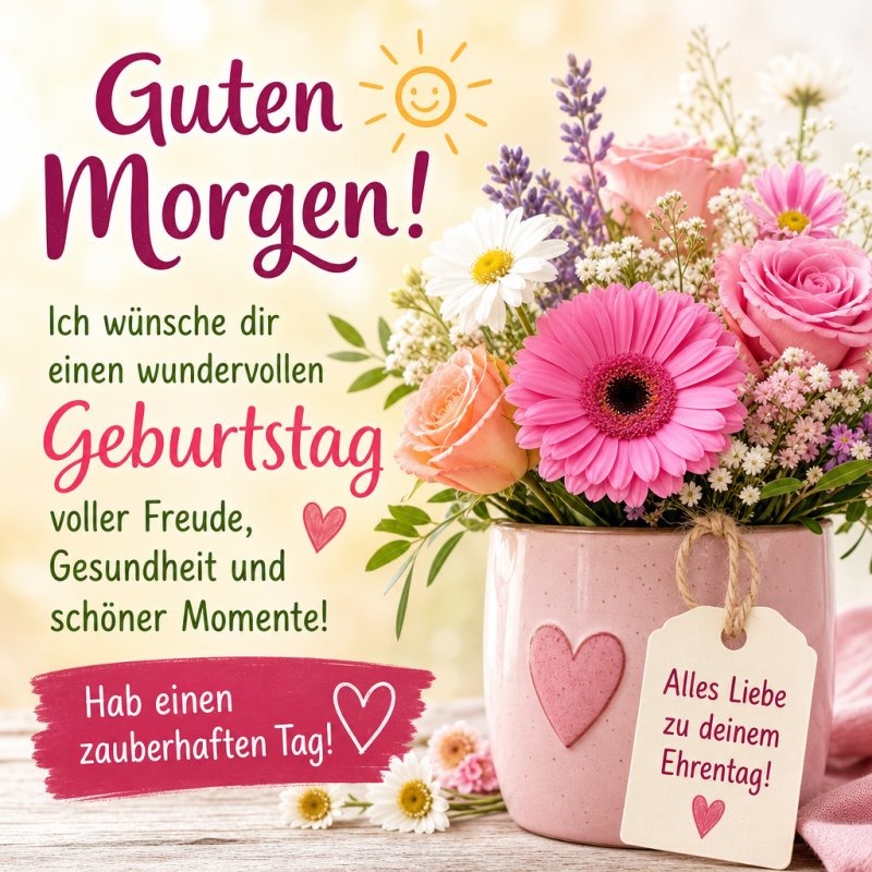 Ein herzliches Frühstück mit einem Blumenstrauß in einem rosafarbenen Topf und einer Guten-Morgen-Grußkarte für einen besonderen Geburtstag.