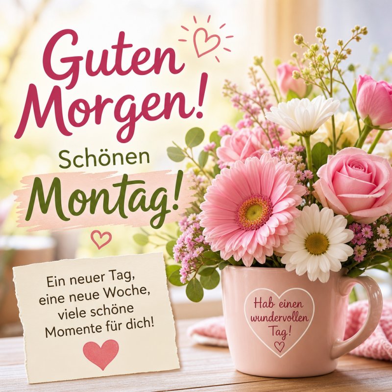 Ein heller Blumenstrauß aus rosa und weißen Blumen in einer Tasse mit der Aufschrift 'Hab einen wundervollen Tag!' begleitet einen Guten-Morgen-Gruß.