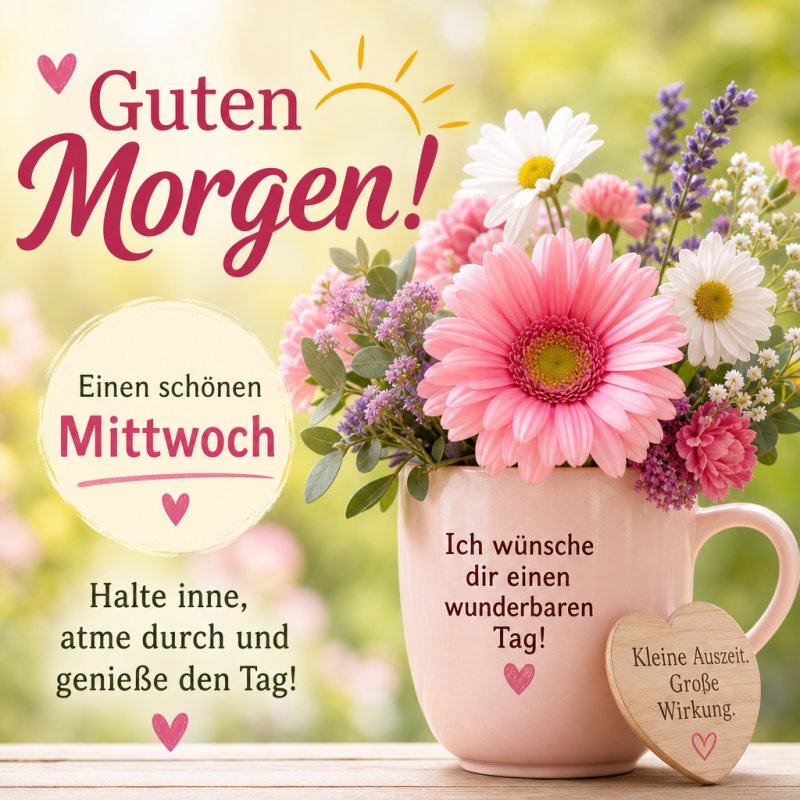 Ein blühender Strauß mit rosa und weißen Blumen in einer Tasse verbreitet einen Guten-Morgen-Gruß für Mittwoch auf hellem Holztisch.