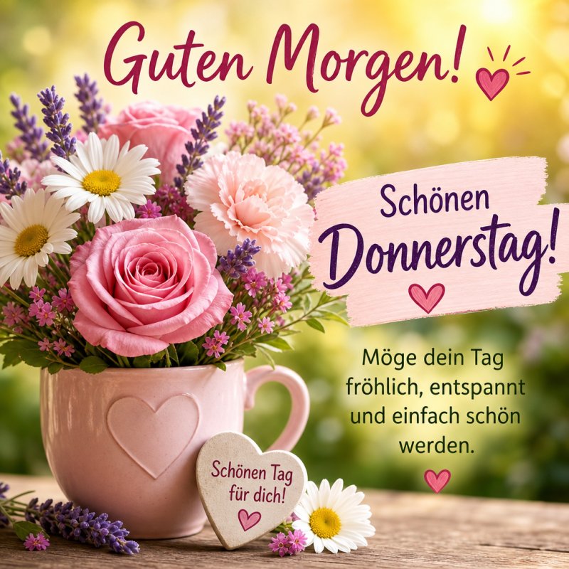 Ein herzlicher Guten-Morgen-Gruß mit einem Blumenstrauß aus Rosen, Gänseblümchen und Lavendel in einer rosa Tasse mit Herzen im Sonnenlicht.