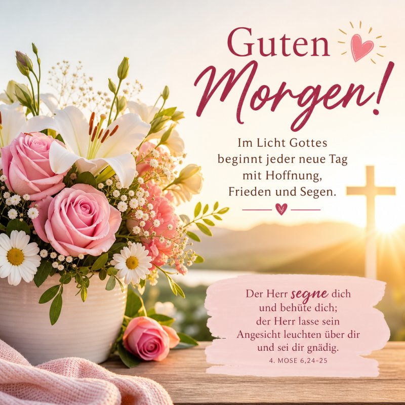 Ein Blumenstrauß mit Rosen und Lilien steht vor einem Kreuz im Sonnenaufgang, begleitet von einem Guten-Morgen-Gruß mit einem religiösen Zitat.