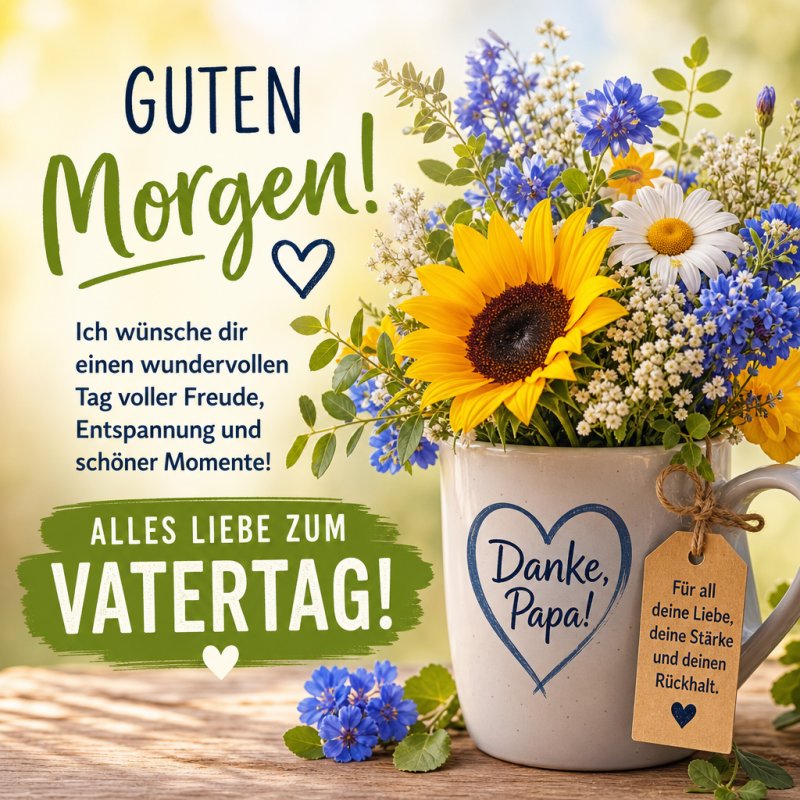 Ein Blumenstrauß mit Sonnenblumen und Gänseblümchen in einer Tasse mit Herz-Aufdruck und Grüße zum Vatertag zieren diesen Guten-Morgen-Gruß.